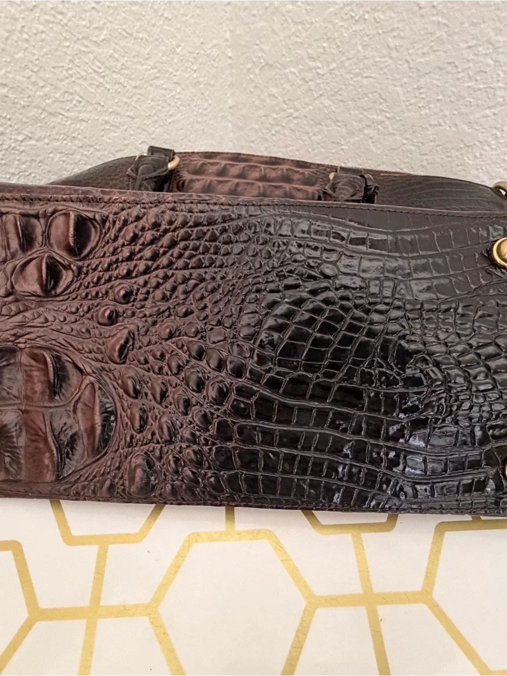 Brahmin Brown Duxbury Croc-Embossed Satchel with Gold Hardware